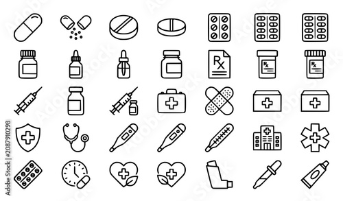 Obraz na płótnie Medication and Pill Linear Icons Collection Editable Stroke Medical Vector Illus