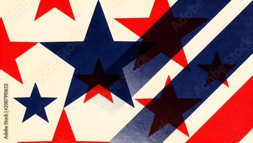 Patriotic Geometric Abstract Abstract American Flag Concept Red White Blue Ink Overlap Risograph Poster