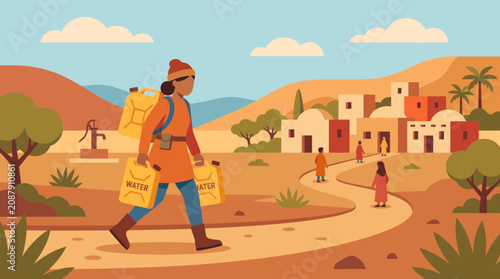 Water Woman Carrying Jerrycans Through Dry Village Landscape Depicting Resource Scarcity