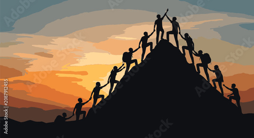 Silhouette of a diverse group of people helping each other climb a steep mountain peak during a vibrant orange sunset. Conceptual image of teamwork, leadership, and group success.