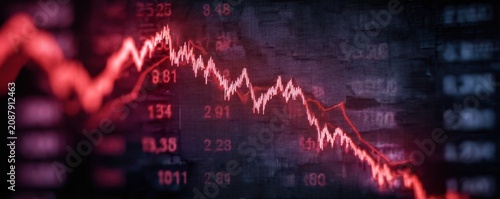 red financial graph displays a sharp downward trend, indicating a significant drop in stock or market values with numerical data in the background.