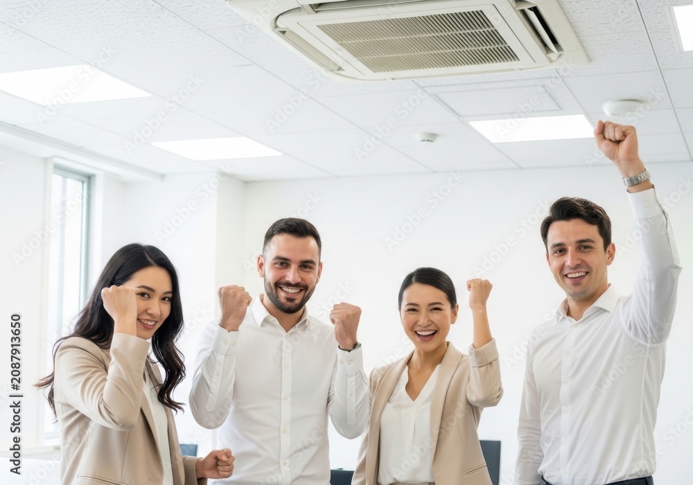 Fototapeta premium Diverse business team celebrating success in modern office