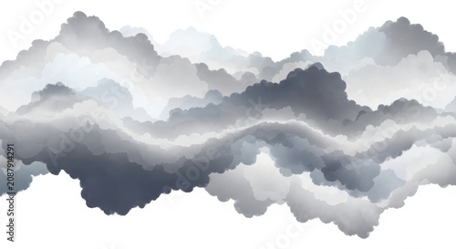 Mysterious misty mountain peaks with soft gray and purple hues evoking serenity