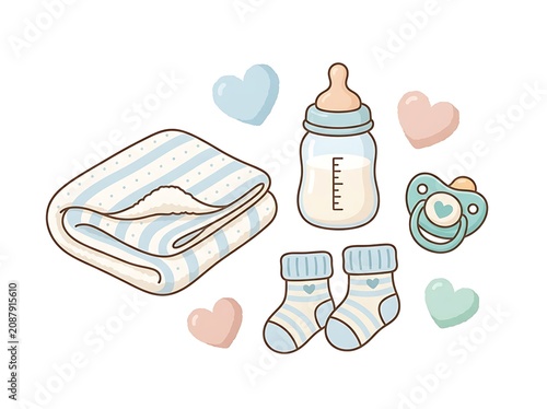 Cute baby essentials set featuring blue striped blanket and bottle