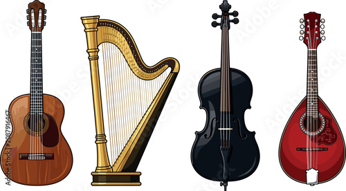 Fotografía Classical String Musical Instruments Vector Set featuring Acoustic Guitar, Golde