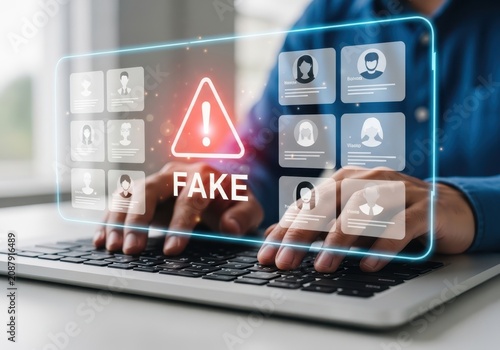 Person typing on laptop with fake profile detection interface