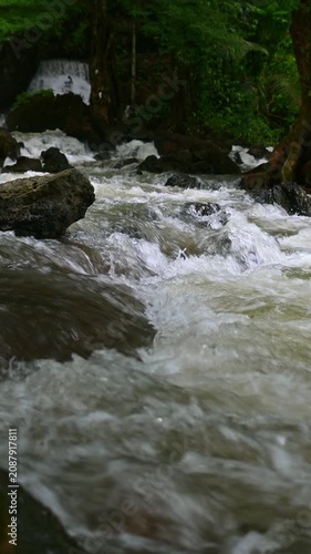 Vertical shot of a powerful freshwater stream rushing over dark rocks in a lush green rainforest, with a scenic cascade blurred in the background. Concept of nature, freshness, energy, and ecology.