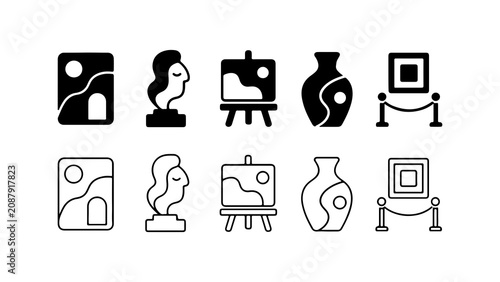 Art Museum Gallery Icon Set in Silhouette and Outline Vector Style