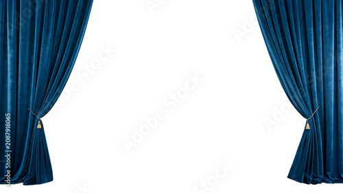 Canvastavla Elegant dark blue velvet stage curtains opening isolated on transparent backgrou