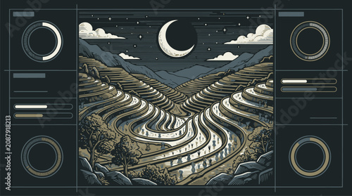 Futuristic spiral tunnel landscape with crescent moons vector illustration.