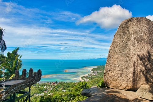 Viewpoint Overlap Stone 2, Lamai Beach, Koh Samui, Thailand. Shot From The High Point Of View on the edge of a mountain slope. Seascape Seen from  Overlap Stone is located in Samui island Thailand 
