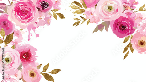 Elegant Floral Vector Pattern with Pink Roses and Gold Leaves in Modern Watercolor Style