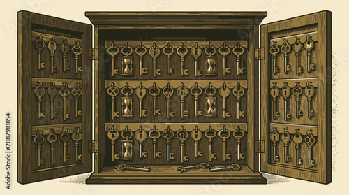 Ornate Open Treasure Chest Vector Illustration with Decorative Engraved Panels.