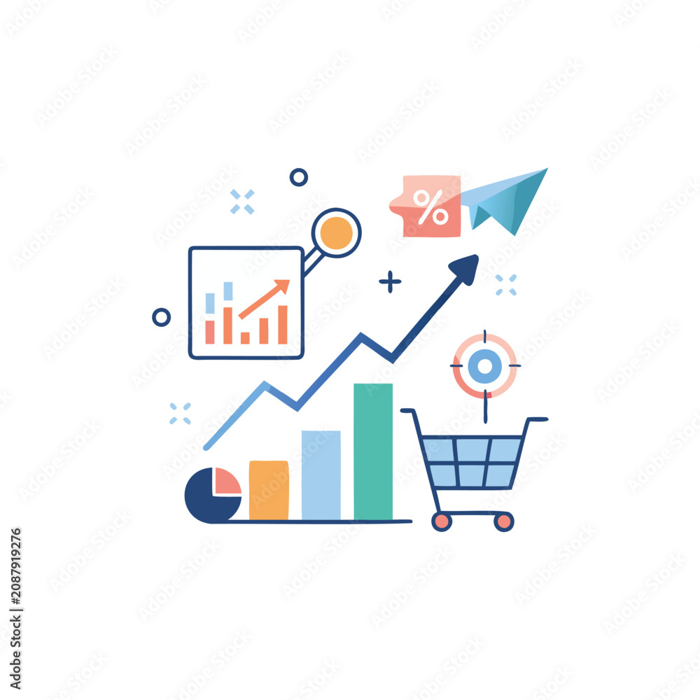 Naklejka premium Growth business analytics with shopping cart icon