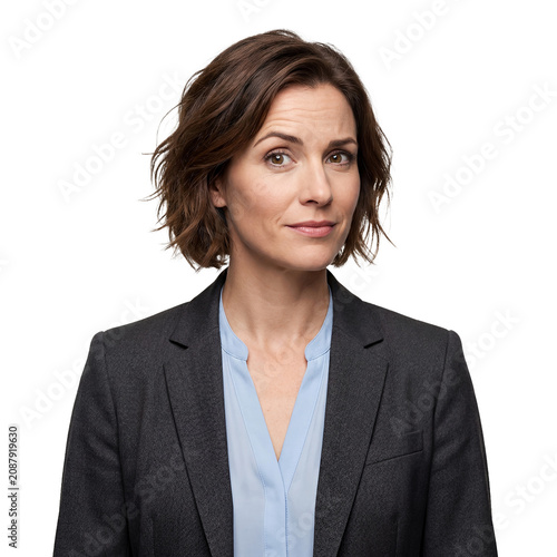 curious business woman isolated transparent background raised eyebrow portrait attentive captures inquiry and interest for learning platforms coaching content research pages and customer discovery