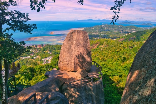 Viewpoint Overlap Stone 2, Lamai Beach, Koh Samui, Thailand. Shot From The High Point Of View on the edge of a mountain slope. Seascape Seen from  Overlap Stone is located in Samui island Thailand 