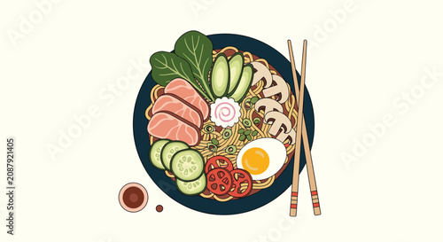 Traditional japanese ramen noodle bowl with chopsticks pork meat egg cucumber mushrooms and spinach top view.