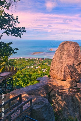 Viewpoint Overlap Stone 2, Lamai Beach, Koh Samui, Thailand. Shot From The High Point Of View on the edge of a mountain slope. Seascape Seen from  Overlap Stone is located in Samui island Thailand 