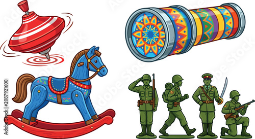 Fotografie Vintage Retro Kids Toys Vector Set Featuring Red Spinning Top, Blue Wooden Rocki