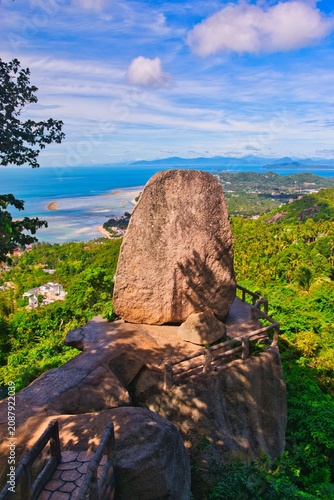 Viewpoint Overlap Stone 2, Lamai Beach, Koh Samui, Thailand. Shot From The High Point Of View on the edge of a mountain slope. Seascape Seen from  Overlap Stone is located in Samui island Thailand 