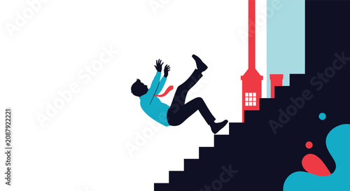 Silhouette of a businessman losing his balance and falling backwards down a steep flight of stairs at work.
