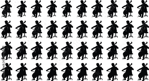 Cello player silhouettes, musician playing cello instrument, collection of classical music artist in concert