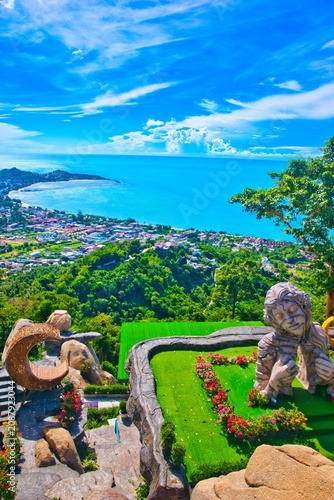 Viewpoint Overlap Stone 2, Lamai Beach, Koh Samui, Thailand. Shot From The High Point Of View on the edge of a mountain slope. Seascape Seen from  Overlap Stone is located in Samui island Thailand 