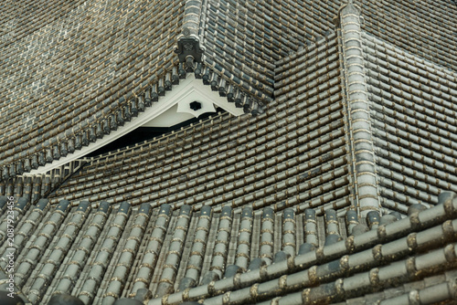 Full frame background of traditional Japanese clay roof tiles on an ancient building.