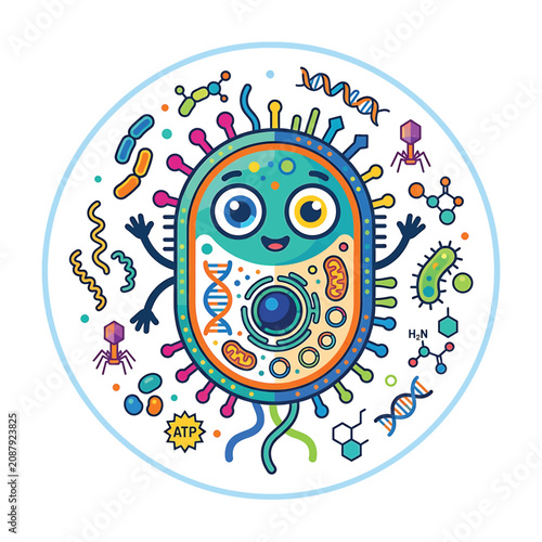 Tableau sur toile Colorful cartoon microbe with DNA 2.
