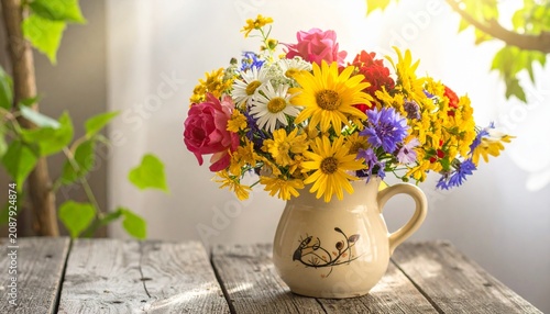 Colorful flower arrangement in rustic ceramic vase on wooden table.