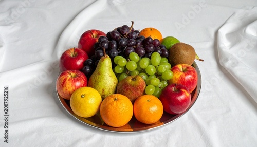Fresh mixed fruit salad in white bowl on table.