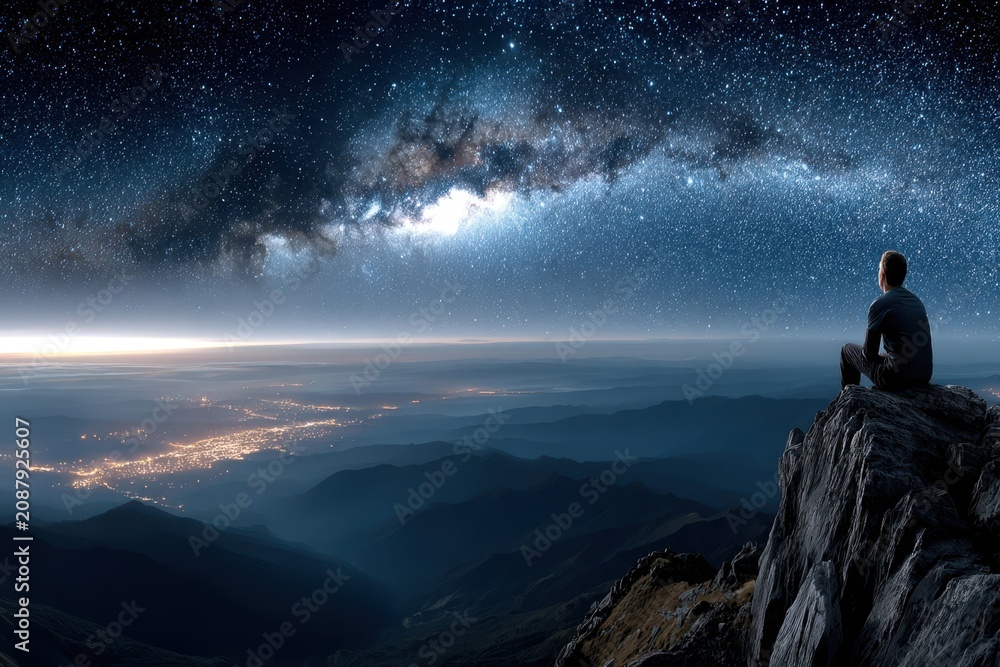 Obraz premium Stargazer admires the Milky Way above a sprawling city at night on a mountain peak
