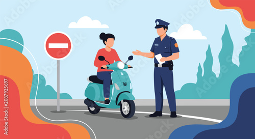 Traffic police officer in uniform stopping a young woman riding a blue scooter next to a no entry road sign.