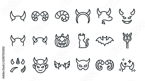 Outline style collection of devil horns demon masks halloween pumpkin bat other spooky icons with line art, halloween