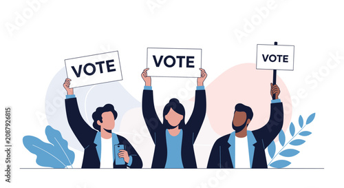 Active group of diverse citizens raising high placards with the word vote to encourage democratic elections.