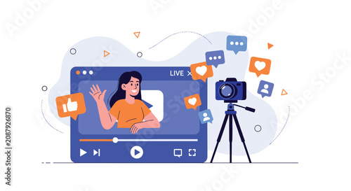 Female content creator streaming live video to her followers using a camera on a tripod in her studio room.