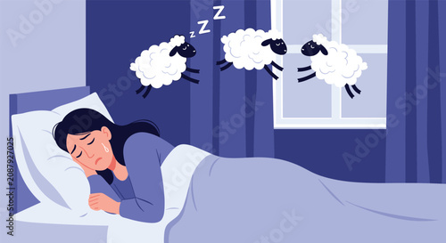 Sad woman lying in bed unable to sleep while trying to count jumping sheep in her bedroom during a sleepless night.