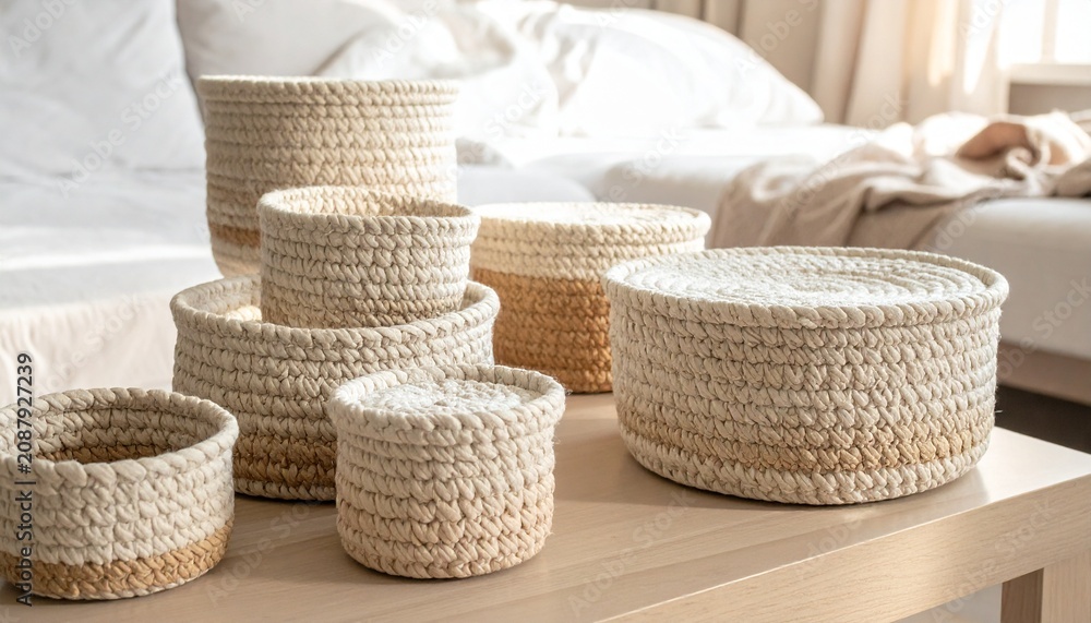 Fototapeta premium Stacked woven baskets filled with assorted cookies and pastries.