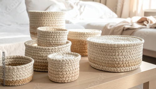 Stacked woven baskets filled with assorted cookies and pastries.