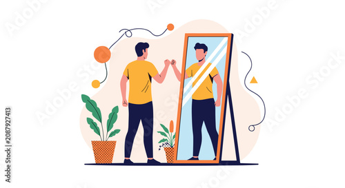 Confident man standing in front of a mirror and giving a fist bump to his reflection for self-motivation and positive mindset.