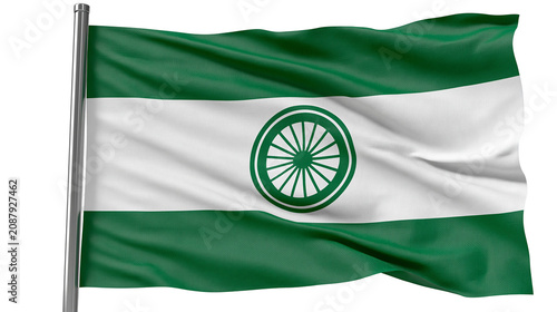 Green and white striped flag with a green wheel emblem waving on a metal pole, isolated on transparent background