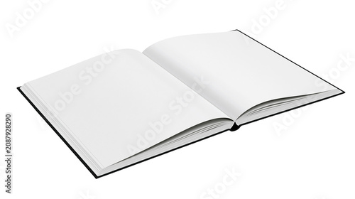 Photos Open black hardcover book with blank white pages, isolated on transparent backgr
