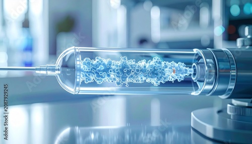 Close-up of laboratory glassware with blue liquid sample.