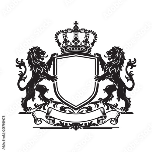 Detailed black and white royal heraldic crest with lions and crown vector illustration