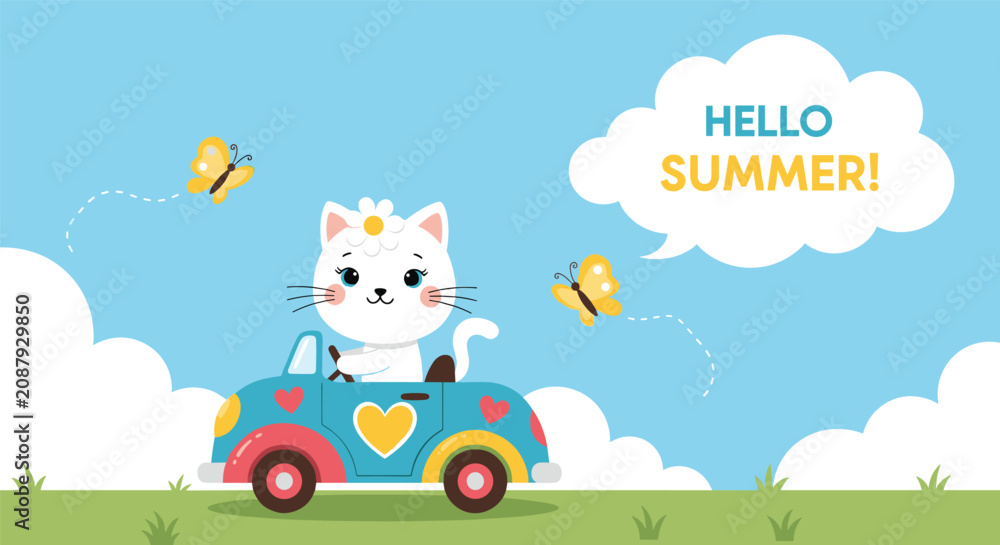 Fototapeta premium Adorable white cat with a flower on its head driving a blue toy convertible car on a green meadow, wishing a hello summer.