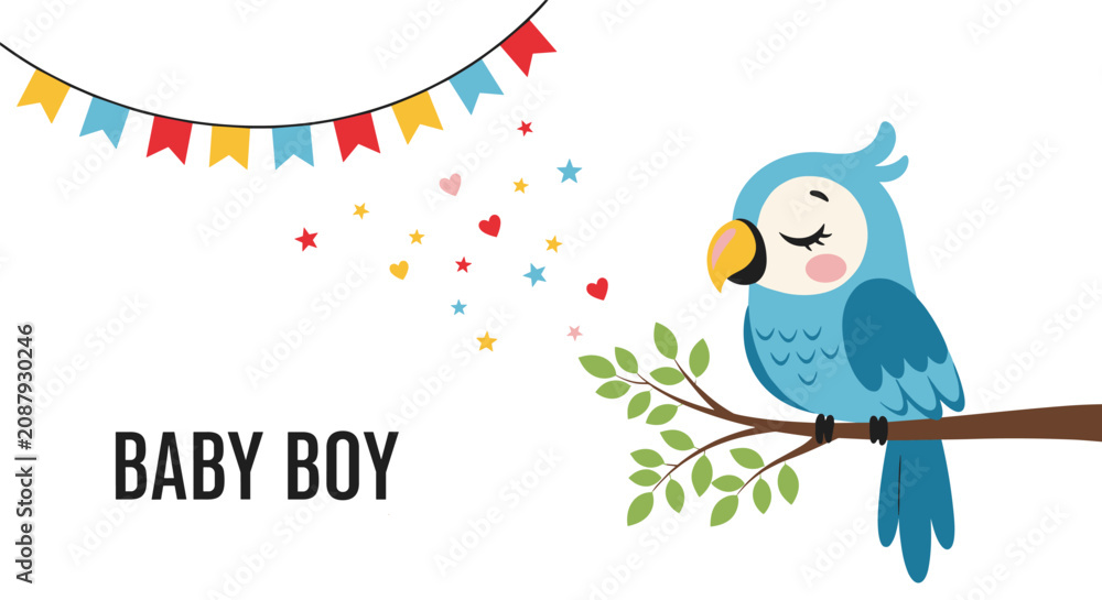 Fototapeta premium Cute blue parrot perched on a tree branch next to the text Baby Boy under a colorful party bunting garland on white background.