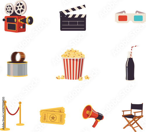 Cinema and Movie Production Icon Set Featuring Projector Clapperboard Three D Glasses Film Reel Popcorn Soda Ticket Megaphone and Directors Chair Vector Illustrations