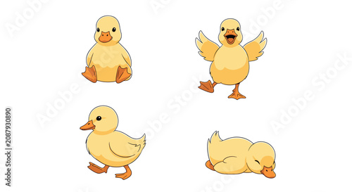 Adorable set of four yellow cartoon ducklings shown sitting, walking, dancing happily, and sleeping peacefully.