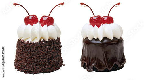 Foto Two decadent chocolate cakes topped with whipped cream and cherries, isolated on