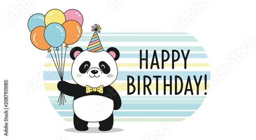 Cute panda wearing a colorful party hat and bow tie holding a bunch of helium balloons to say a very happy birthday.